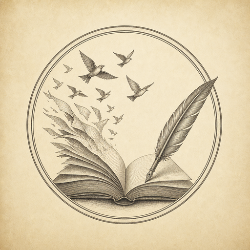 Libria Studio — emblème : livre ouvert dont les pages s'envolent, et plume